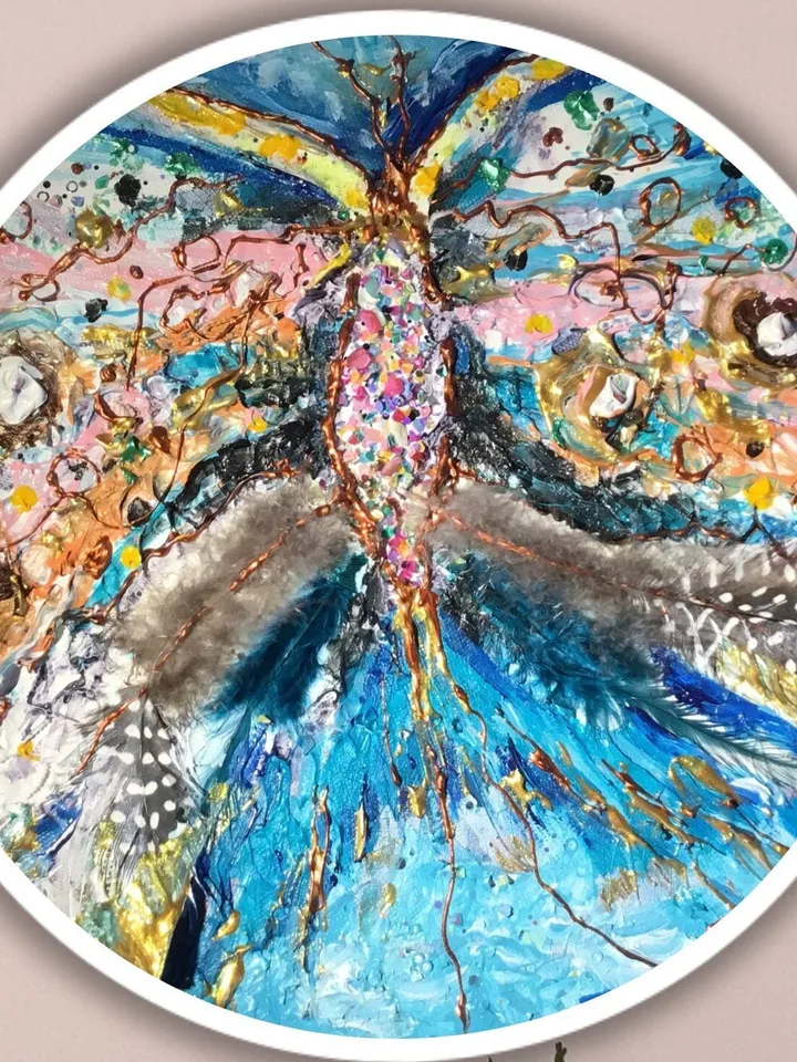 Abstract butterfly mix media painting on round canvas,original artwork,oil,acrylic feathers and beads decorated,unique home decoration ,gift