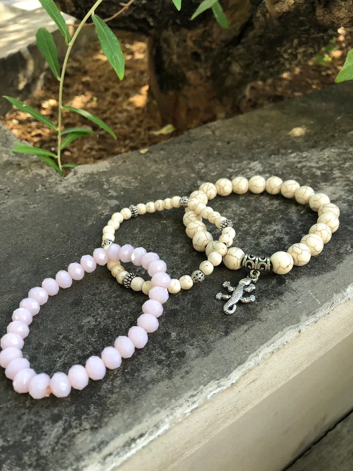 Set of Tree White Pink Bracelets | Crystal Bracelet | Howlith Bracelet | Totem Bracelet | Summer Set Bracelet Woman | Handmade Bracelet Set