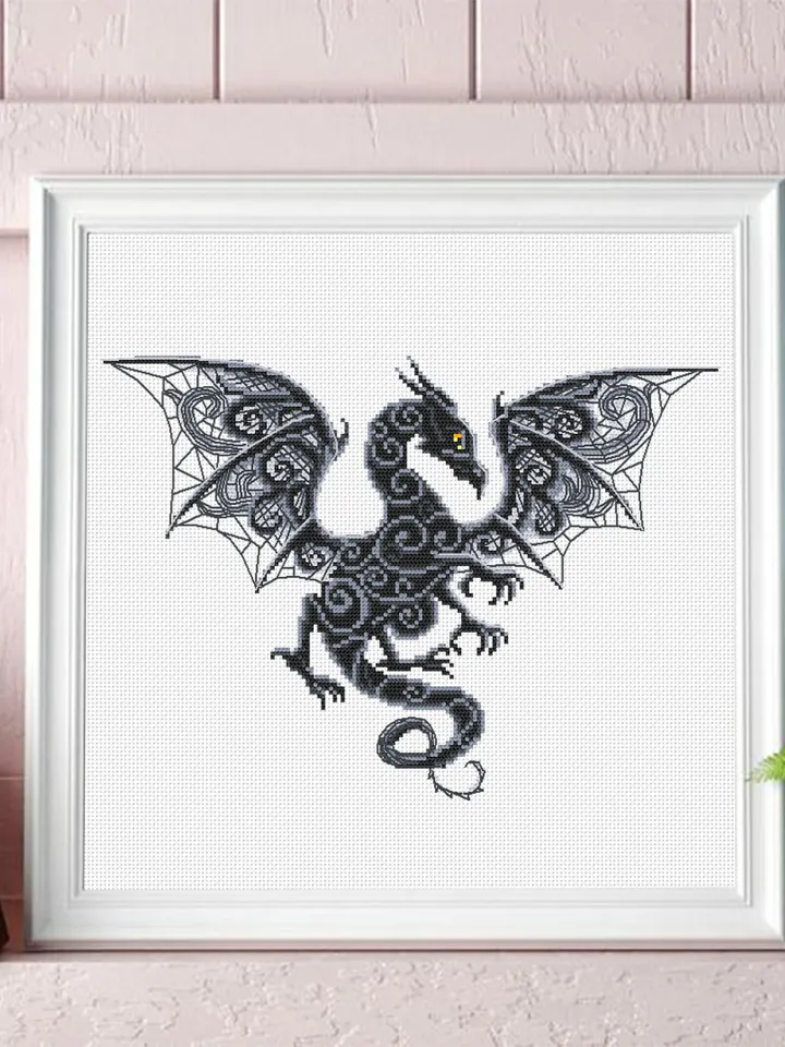 Dragon cross stitch pattern download PDF Fantasy animal cross stitch chart, Dragon embroidery PDF, Blackwork patterns, Gothic home decor #D8