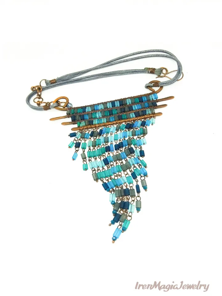 Boho Tribal Copper Necklace with Blue Glass Beads