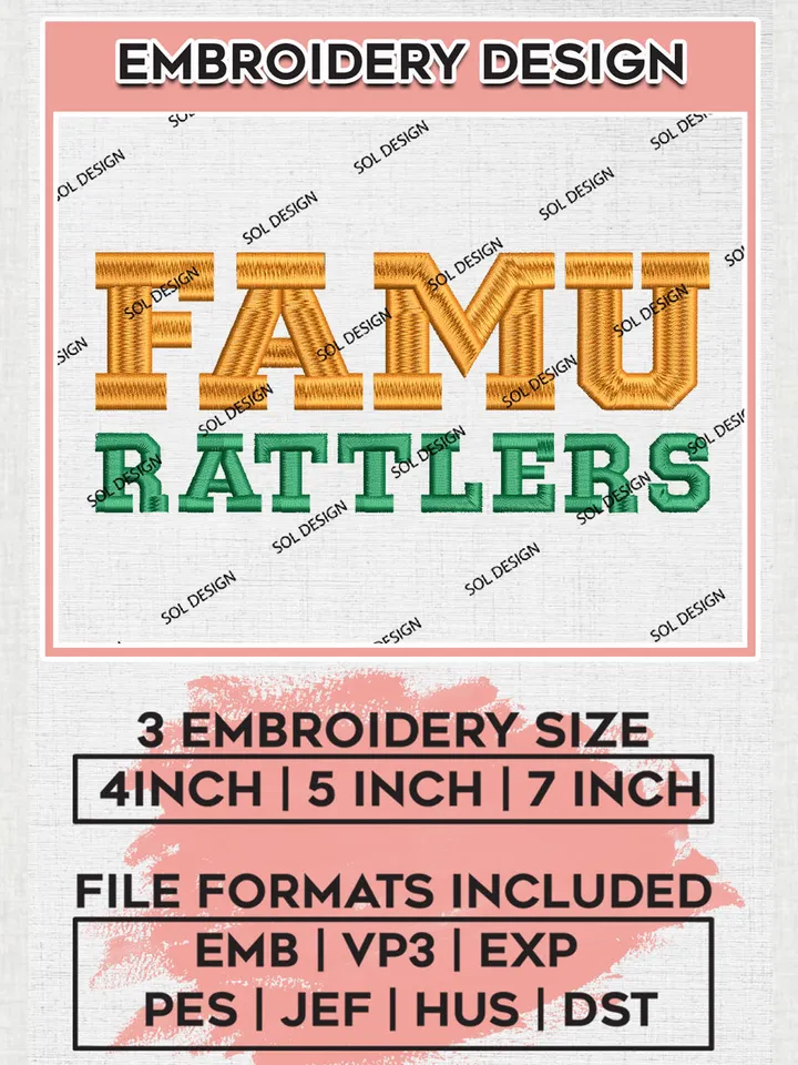 NCAA FAMU Rattlers Team Logo Embroidery Design Files, NCAA Florida A&M Rattlers Machine Embroidery, NCAA Teams, 3 sizes, NCAA Machine embroidery designs, Digital Download