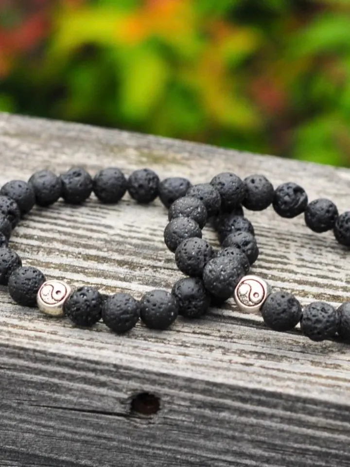 Lava Stone Bali Spiritual Ying Yang Bracelet Handmade | Genuine Lava Stone Black Oriental Bracelet Woman | Gemstone Women Sacred Bracelet