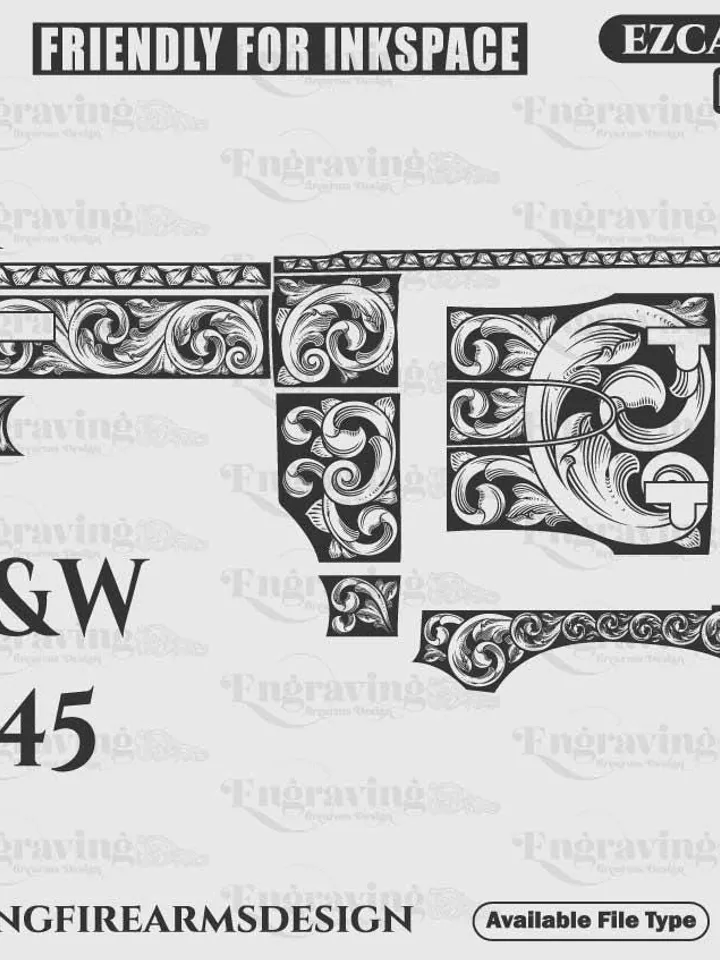 Vector S&W .45 Scroll Design SVG,lasercut,laserengraving,engravingfiles,laserpattern,engravingdesign,engravingpattern,metalart
