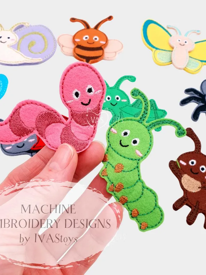 ITH Insect Finger Puppets Embroidery Design Set with Sounds & Games, Felt Bug Pattern, Educational Garden Toy, Digital Download