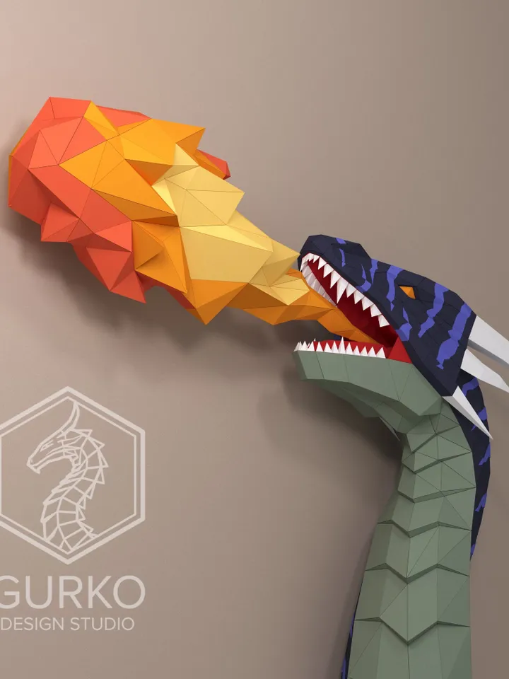 Papercraft Dragon With Flame, Digital Template, PDF Download, Gurko, 3D Low Poly, Pepakura, DIY Origami Sculpture, Paper Decor, DIY Gift
