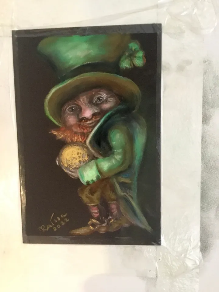 Funny leprechaun with a golden coin painting ,original soft pastel painting on specialized paper,,Irish leprechaun wall art,special gift.