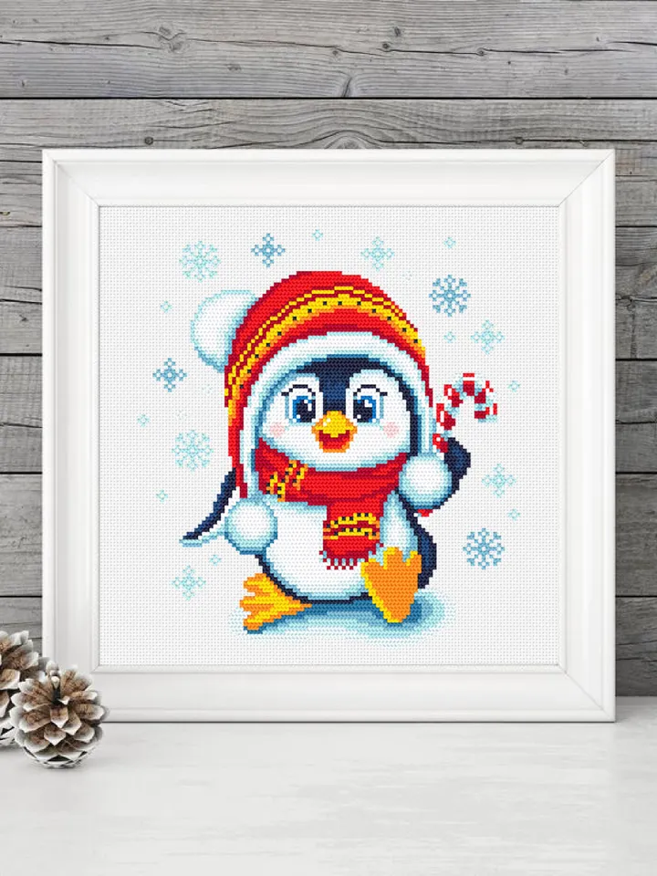 Cute baby penguin cross stitch pattern download PDF, Christmas cross stitch, Easy beginner stitch, Christmas penguin hand embroidery #N63