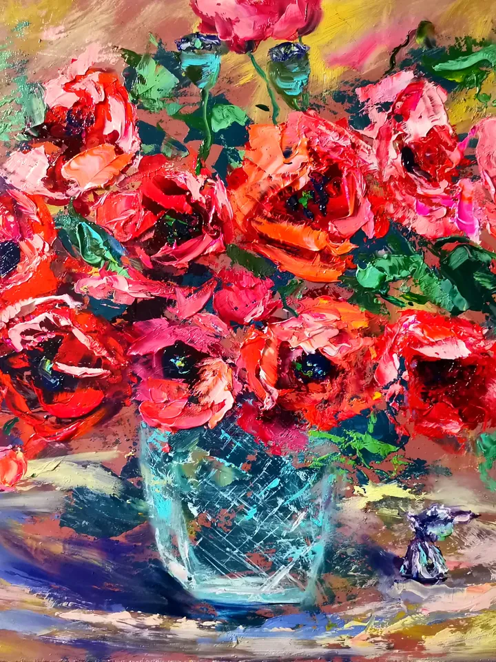 Poppy Oil Painting Flowers Impasto Glass Vase Candy Original Artist Svinar Oksana