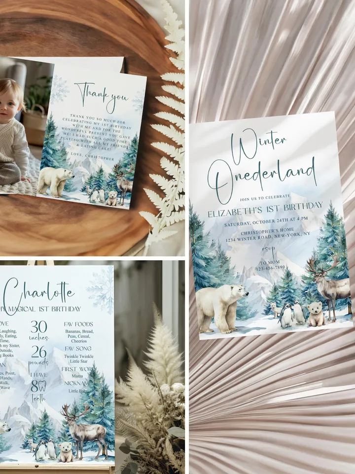 Winter Onerderland Boy 1st Birthday Invitation Bundle, Winter Wonderland Xmas First Party Invite Decor Set, Editable Corjl Template - i132
