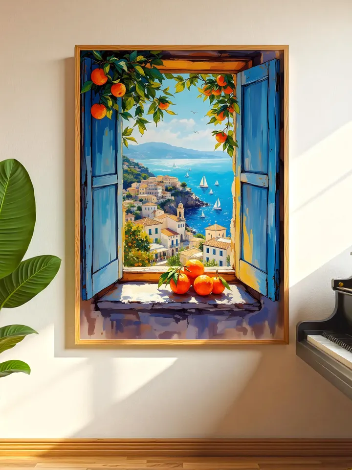 Open Window Henri Matisse Style Poster Coastal Orange Tree View Mediterranean Boats Fauvism Art Print Digital Wall Decor Digital HMS3