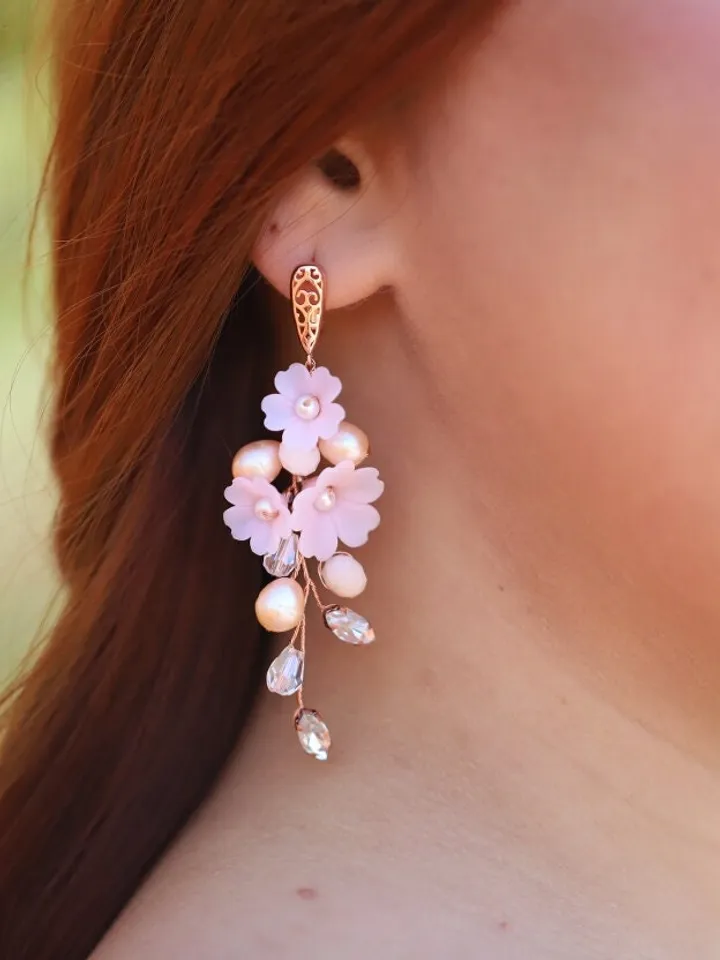 Rose Gold Blush Pink Flower Boho Wedding Earrings, Gold Freshwater Pearl Bridal Earrings, Swarovski Statement Floral Wedding Jewelry Set,