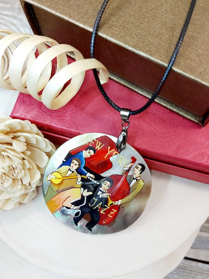 Necklace "Jazz". Mother-of-pearl Russian hand-painted. Hand paint necklace pendant. MOP.Hand painted miniature painting