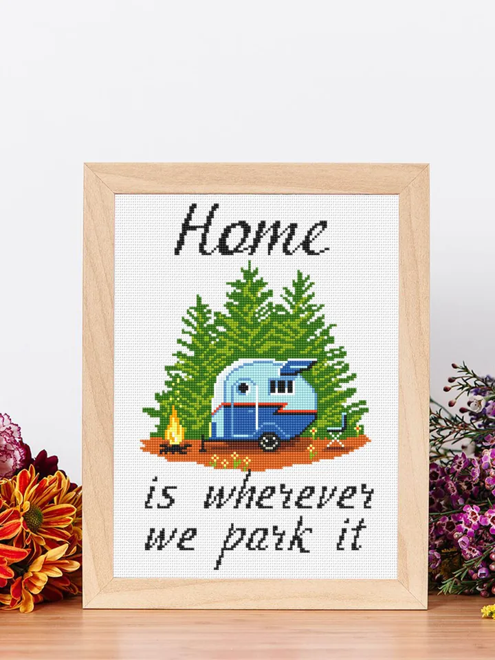 Camping cross stitch pattern PDF download Home is wherever we park it, Travel cross stitch chart, Camping pattern digital PDF #Q63
