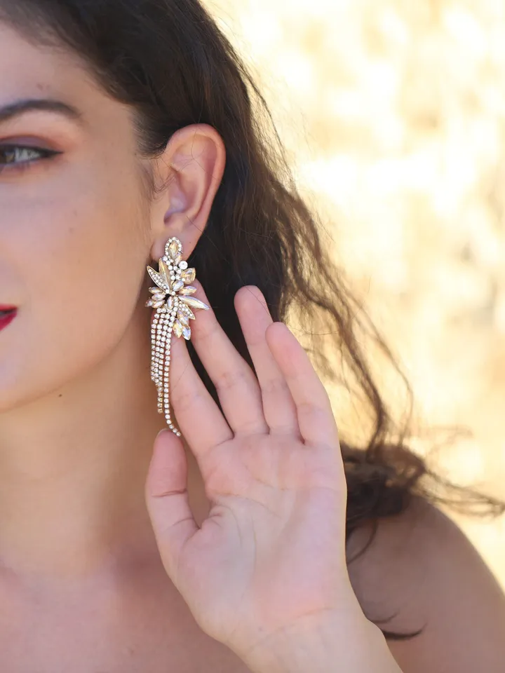 Champagne Gold Long Tassel Bridal Earrings, Fringe Earrings, Bridesmaid gifts, Floral Wedding Jewelry, Statement Boho Wedding Earrings,