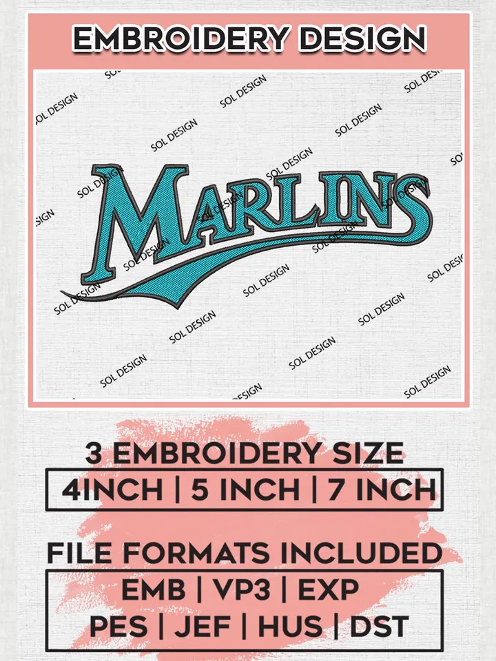 MLB Marlins Wordmark Logo Embroidery Files, MLB Miami Marlins Team Embroidery, MLB Teams, 3 sizes, MLB Machine embroidery designs, Digital Download