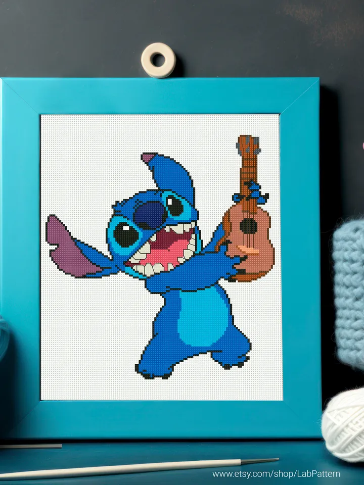 Lilo and Stitch, Guitar cross stitch pattern, baby, Love Hawaii, nursery decor, counted, chart, gift DIY, embroidery, instant PDF
