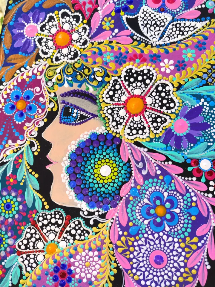 Girl Dot Painting. Floral Portrait Acrylic Original Art 30 by 20 cm / 12 by 8 ''