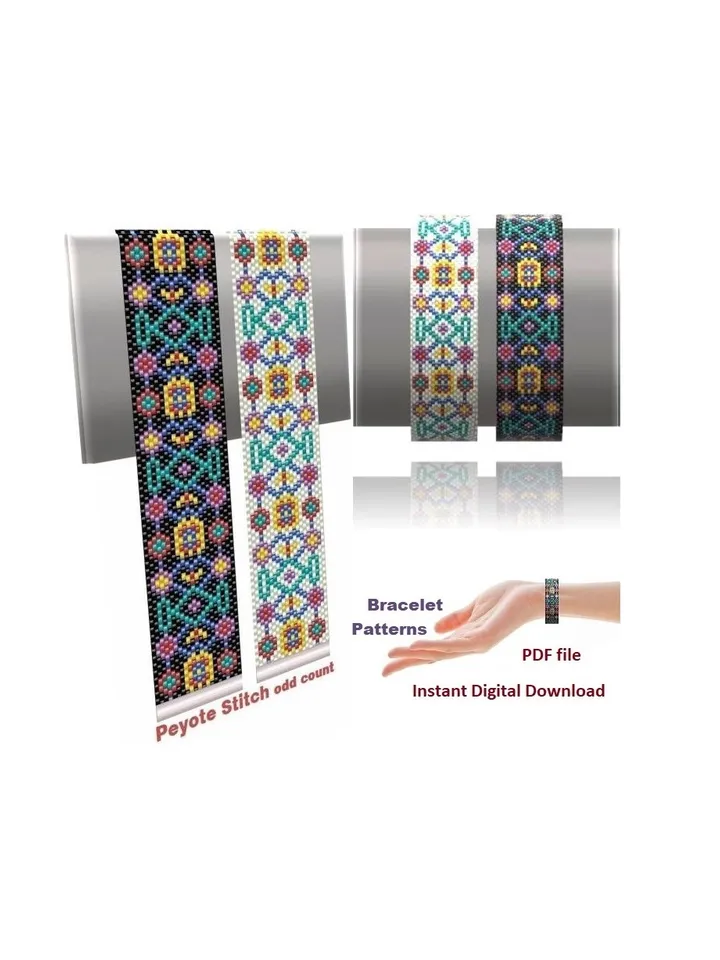 Cuff Bracelet Odd-Count Peyote Stitch Bead Patterns, Seed beads Miyuki Delica or Czech beads Preciosa, Instant Download