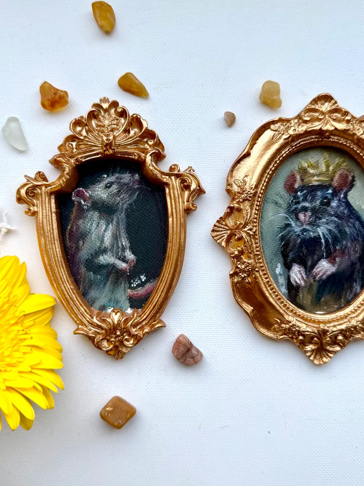 Set of 2 Royal Rats Oil Paintings Original In Vintage Style Frame Small Framed Dark Academia Painting Art Rat Portrait Mice Art Set of 2 Artworks