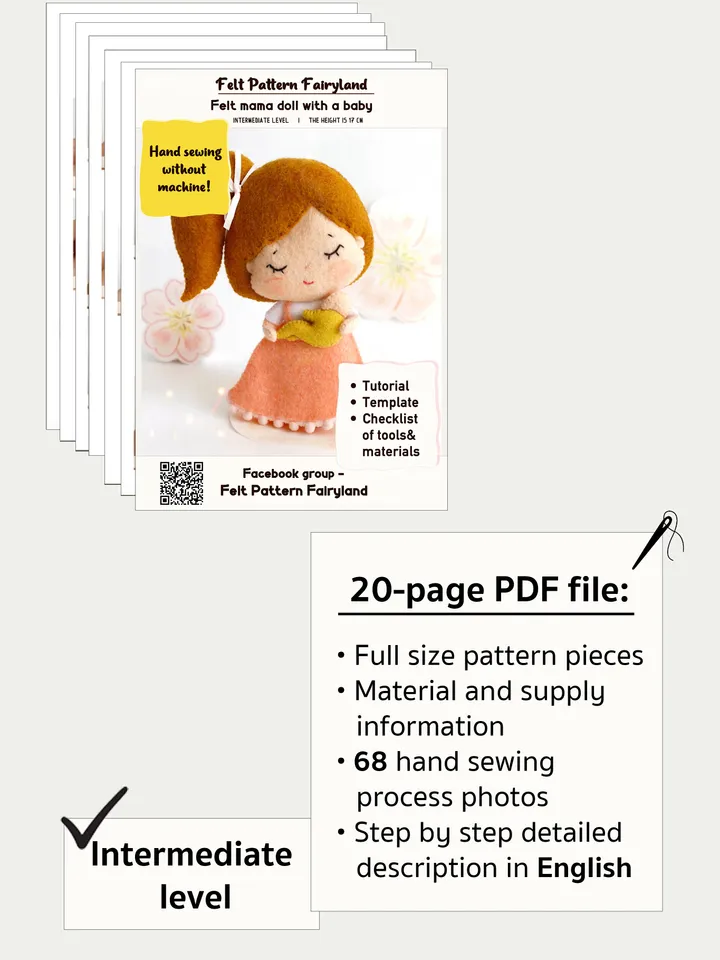 Felt mama doll with a baby hand sewing PDF tutorial with patterns. Soft toy pattern. DIY Mother's day gift. Handmade present for mom