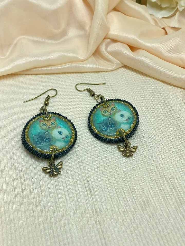 Earrings with cats. UV resin. Handmade.