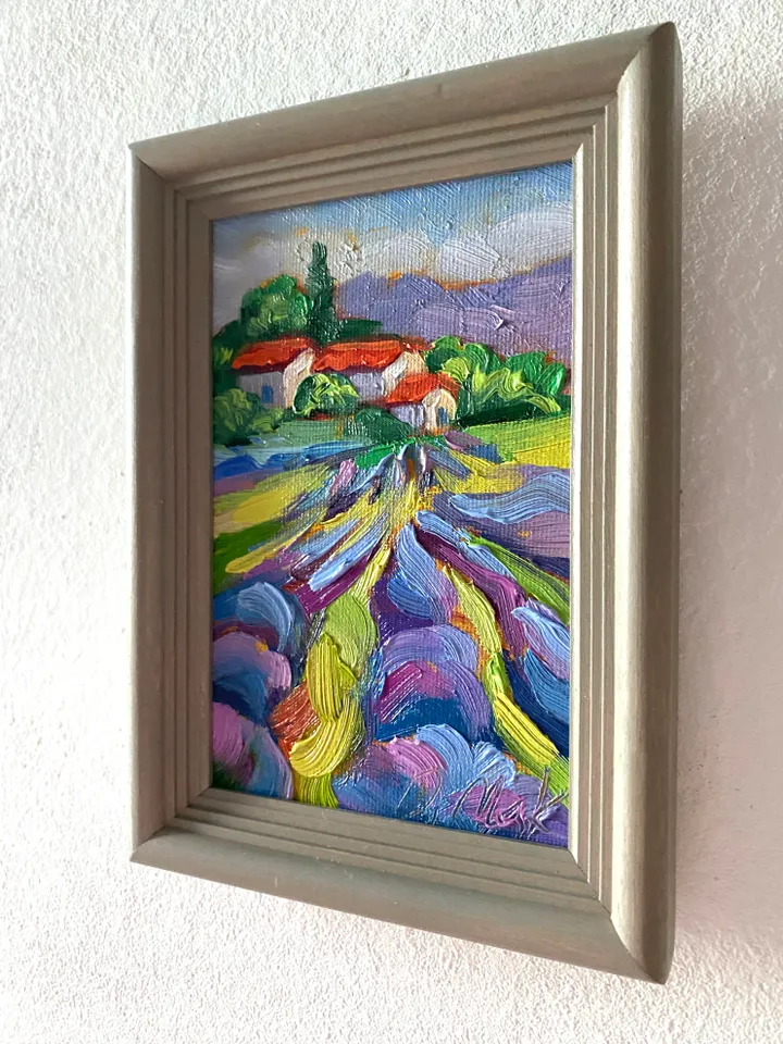 Lavender Fields Painting Tuscany Original Art Landscape Oil Painting Impasto Small Artwork 4x6 Tuscan Serenity Painting Wild Flowers