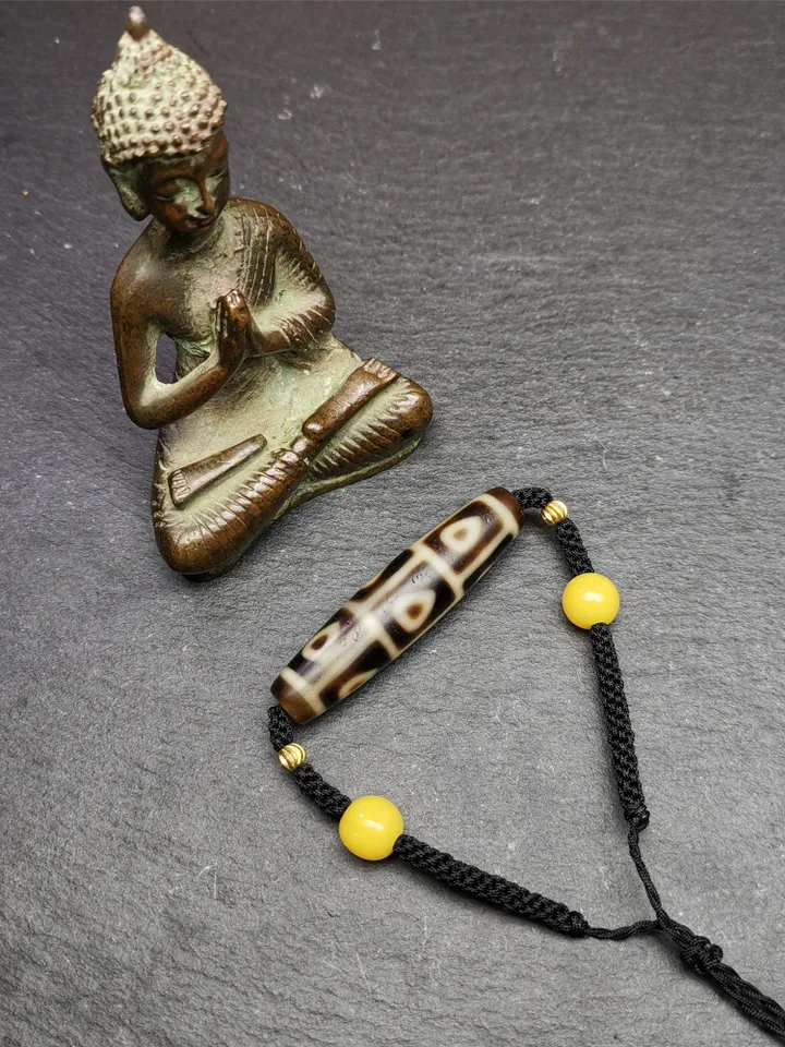 Gandhanra Antique Tibetan 9 Eyes Bodhi Dzi Bead Necklace, 2.13&quot; x 0.51&quot;, 30 Years Old