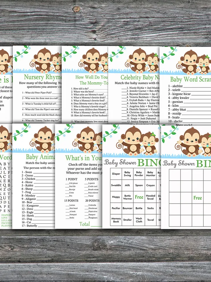 Baby Monkey baby shower games bundle,Monkey Baby Shower games package,Fun Baby Shower Games,9 Printable Games-298