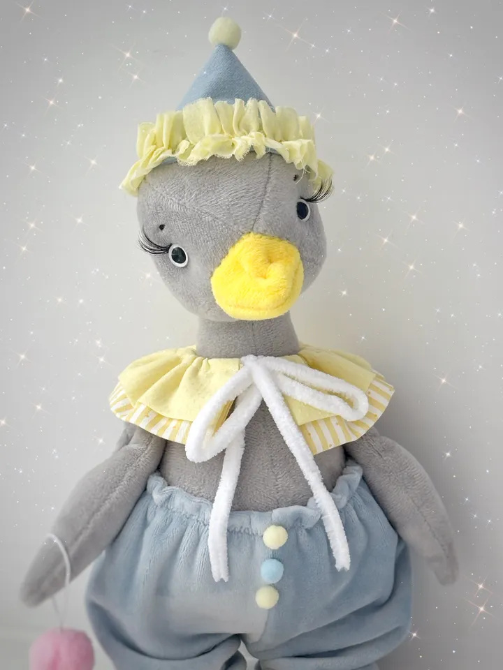 Handmade Plush Soft Birthday Goose. Stuffed Animal Toy. Geese with Circus Style Clothes.