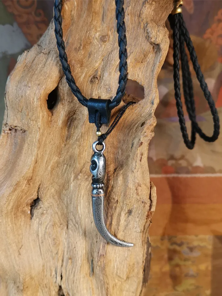 Gandhanra Handmade Tibetan Amulet ,Skull Wolf Tooth Pendant with Leather Cord,Made of Cold Iron inlaid Copper,2.16&quot;
