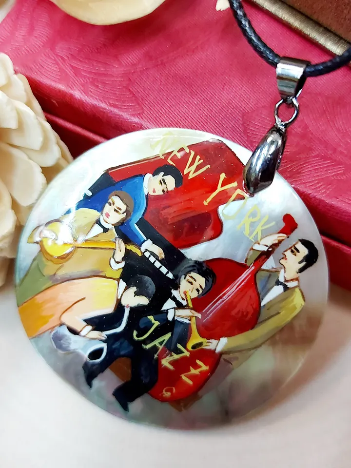 Necklace "Jazz". Mother-of-pearl Russian hand-painted. Hand paint necklace pendant. MOP.Hand painted miniature painting