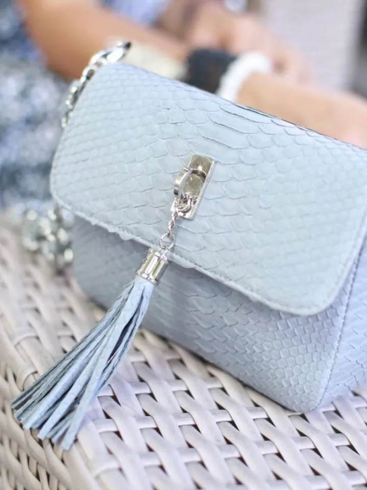 Genuine Python Skin Light Gray Tassel Bag | Leather Crossbody Bag | Clutch Bag | Women Summer Bag | Handmade Bag Grey Detachable Chain Bag