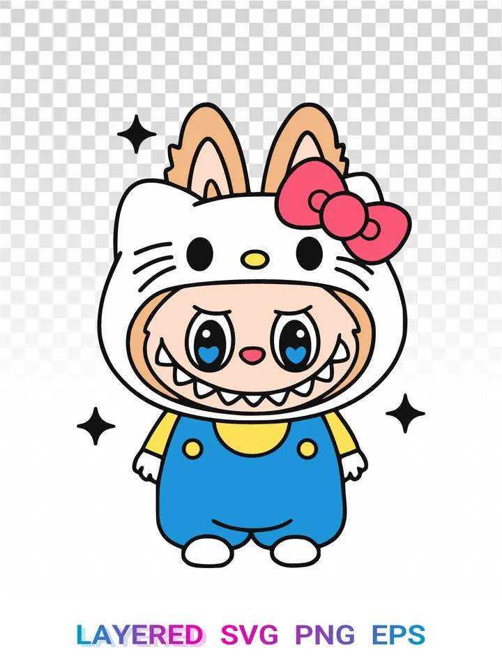 Labubu Hello Kitty PNG, Kawaii Crossover SVG, Cute Labubu