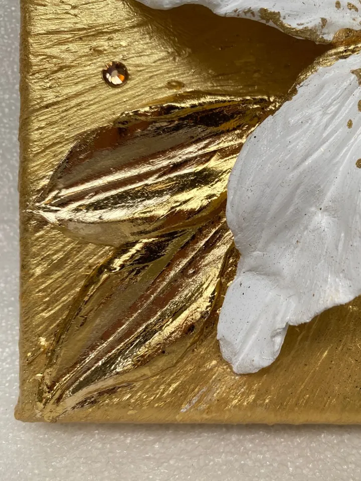 White and Gold Flower art Lily Textured artwork Floral painting by Juliya JC