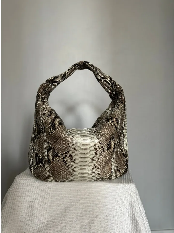 Soft Hobo Classy Sport Woman Stitched Bag | Purse Genuine Python Skin | Gray Big Elegant Leather Designer Soft Bag Snake | reptile hobo