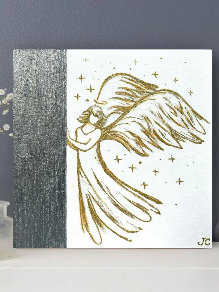 Angel painting Original art Gold and Silver Artwork Gold Angel Wall Art Home Decor
