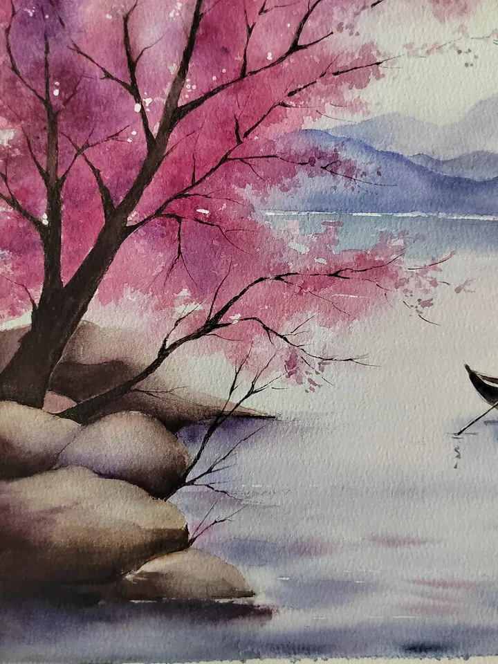 Original Watercolor Painting Japan Landscape Art Sakura Blossoms Artwork 27x39 cm by SoftWaves