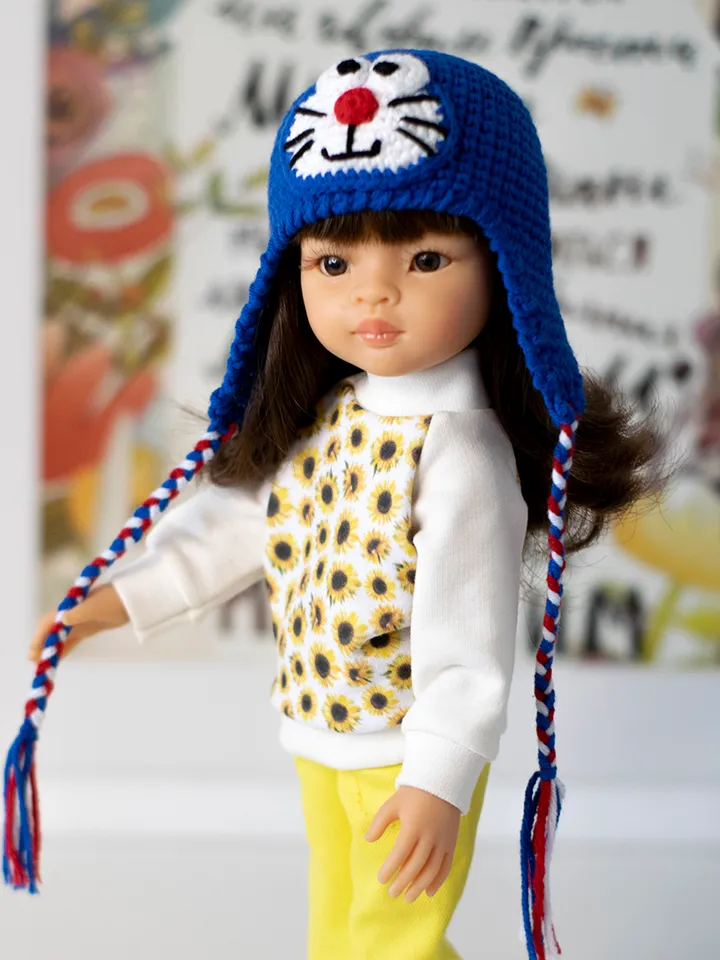 Cat Doraemon hat for 13" dolls Paola Reina, Meadowdolls Dumplings, Siblies, Little Darling, doll outfit for Halloween