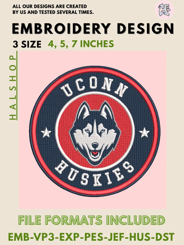 NCAA UConn Huskies Round Logo Embroidery, NCAA UConn Huskies Logo Embroidery Files, NCAA Teams, Machine Embroidery Designs, Digital Download
