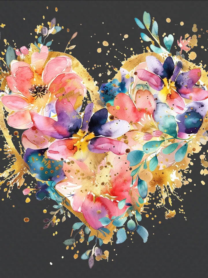 20 Floral Heart PNG Clipart, Watercolor clipart, Floral Heart sublimation, Golden Hear in flowers clip art, Digital download, junk journal