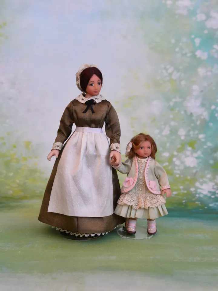 Miniature nanny doll for Victorian dollhouse in 1/12th scale.