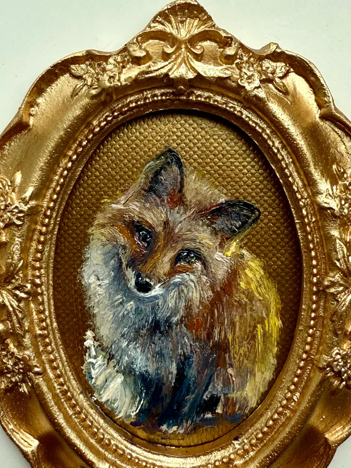 Framed Fox Oil Painting Original Wild Animals Art Cute Fox Painting Gold Frame Victorian Painting
