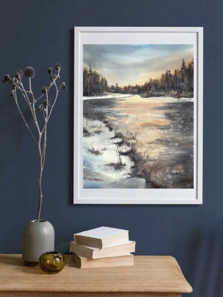 Landscape Original Painting Watercolor River Wall Art Winter Landscape