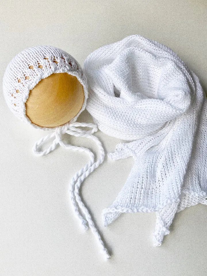 Cotton wrap cotton bonnet. Knitted Newborn photo props.