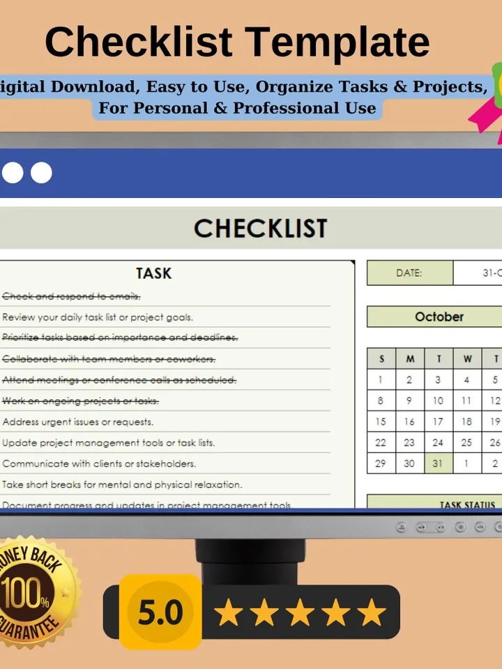 Checklist Template, Editable Google Sheets Template, Digital Download, Easy to Use, Organize Tasks &Projects, For Personal  Professional Use
