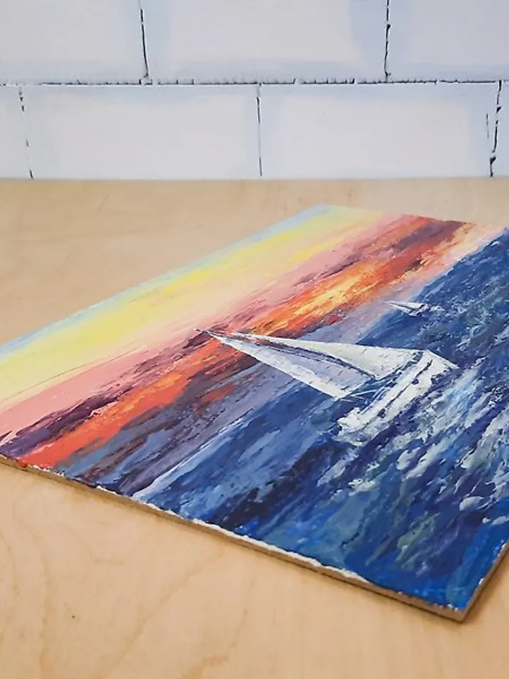 Sunset sky art Original acrylic painting Boat painting Seascape Sailing painting