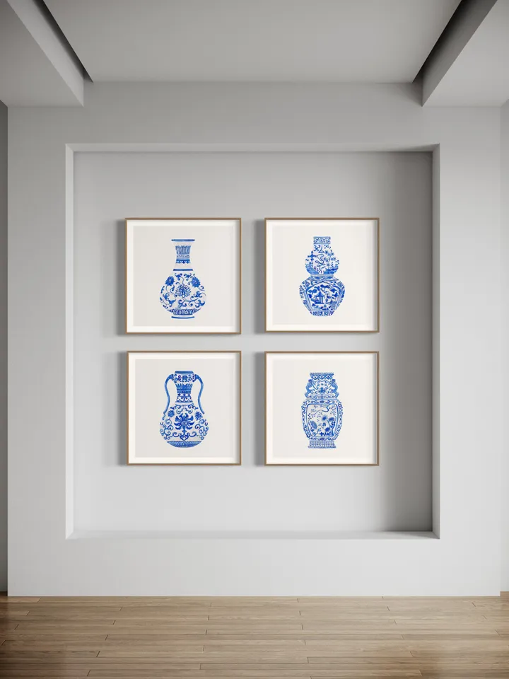 Blue Chinoiserie Set Of 4 Ginger Jars, Watercolor Painting, Vintage Chinoiserie, Chinese Vase Prints, Housewarming Gift, Chinoiserie Art