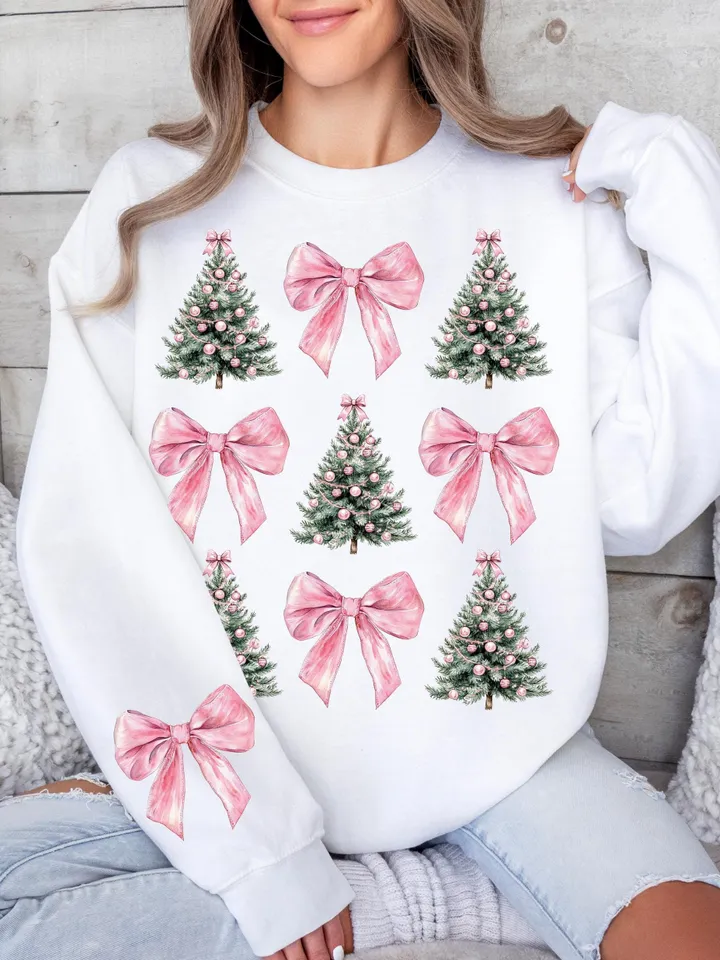 Coquette Christmas Tree PNG Pink Bows Png Retro Christmas Preppy Png Pink Christmas Png design for kids Girly Xmas Png room decor