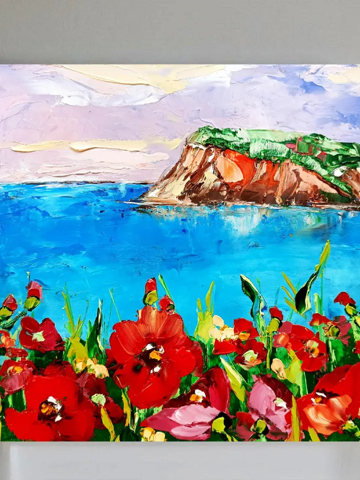 Poppy Painting Tuscany Original Art Seascape Oil Painting Impasto Small Artwork 8х8 Tuscan Serenity Original Gifts Impasto Oil Painting