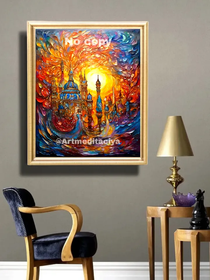 Digital abstract 3d textured modern painting "Oriental fairy tale, 1001 nights". An image of a girl's texture in an abstract colorful city with minarets against a background of moonlight in the style of oil painting with a palette knife